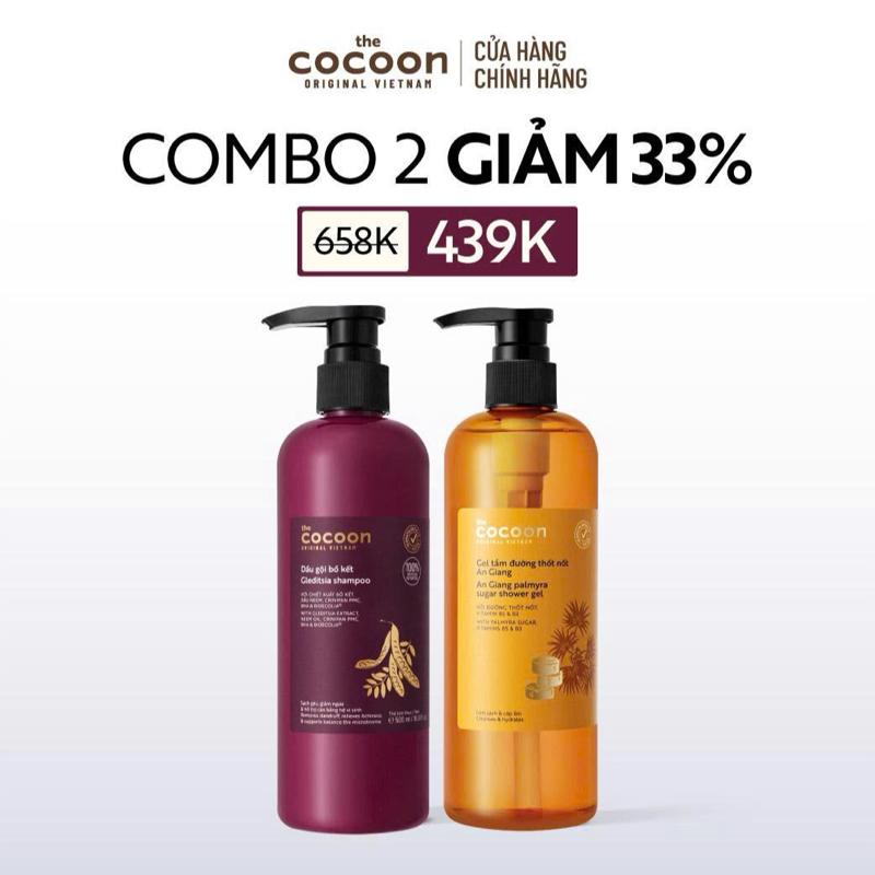 COMBO Bigsize Dầu gội bồ kết Cocoon sạch gàu, giảm ngứa, hỗ trợ cân bằng hệ vi sinh 500ml + Gel tắm đường thốt nốt 500ml