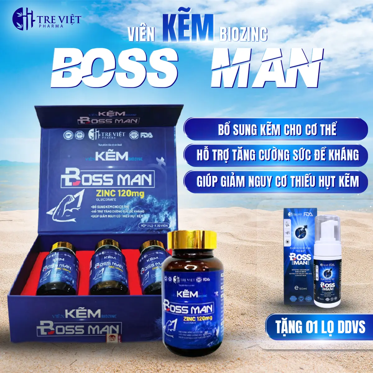[Mua 1 Nhận 4] Kẽm Boss Man Hỗ Trợ Tăng Cường Sức Khỏe Bổ Sung Kẽm Biozinc ( Hộp 3 Lọ X30 Viên) - Viên Kẽm Huongtreviet