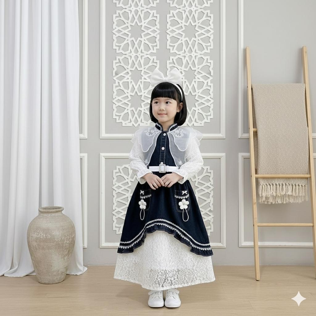 Nazella Gaun Jeans Snow Black Organza Farian Belt Putih untuk Anak Perempuan Usia 3-10 Tahun Baju Muslimah Lengan Panjang Kekinian Terbaru Viral 2026 Nazella Gaun Jeans Snow Black Organza Farian Belt Putih untuk Anak Perempuan Usia 3-10 Tahun Baju Muslimah Lengan Panjang Kekinian Terbaru Viral 2026