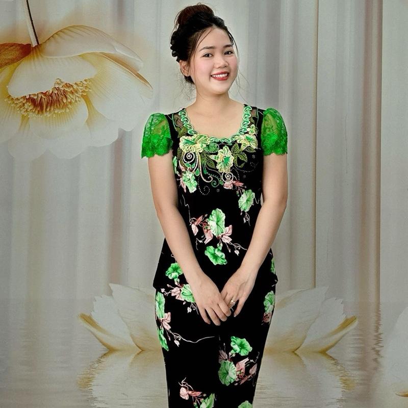A93 Đồ bộ Thun nữ trung niên hoạ tiết bông cổ thêu, tay ren màu thương hiệu Hải Sơn