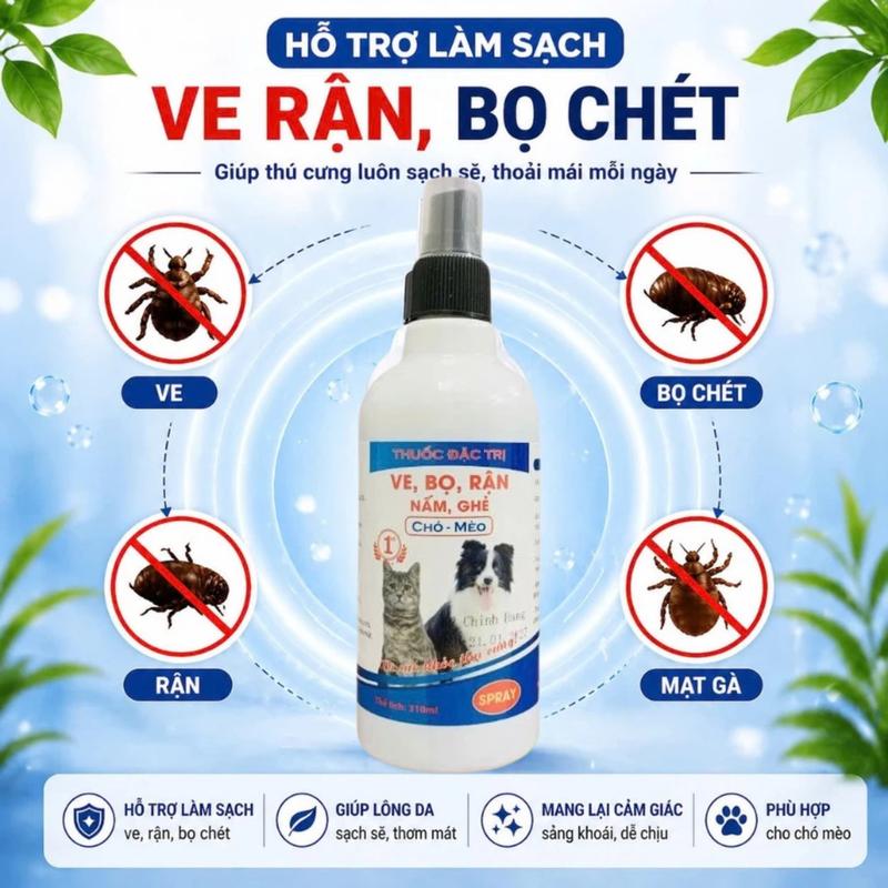 Chai 300ml Xịt Ve Rận Bọ Chét Cho Chó Mèo – Hỗ Trợ Vệ Sinh Da Lông, Giảm Ngứa,…