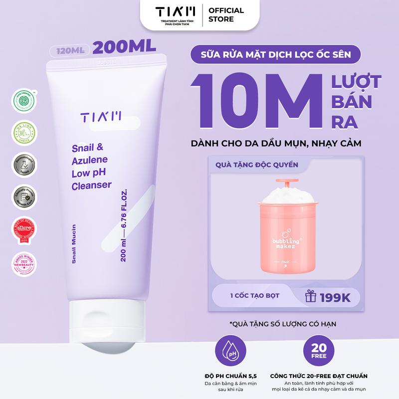 LIVE Sữa Rửa Mặt Tinh Chất Dịch Lọc Ốc Sên Làm Dịu Và Hỗ Trợ Phục Hồi Dành Cho Da Dầu Mụn Nhạy Cảm TIA’M Snail & Azulene Low pH Cleanser 200ml