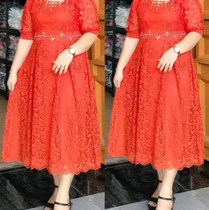 Dress Pesta Cantik Lengan Balon Moti-Moti Brukat Semi Prancis Panjang Wanita Natal Gaun