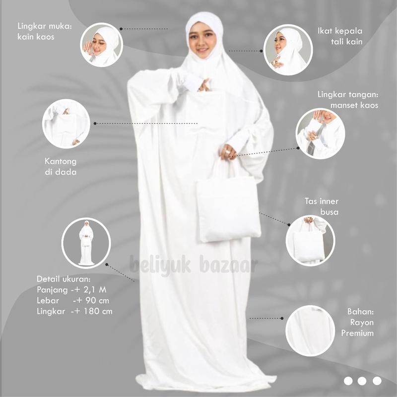 Mukena Mukenah Premium Terusan Malaysia Manset Rayon Jumbo Dewasa Travel Adem Dingin Halus Lembut Putih 1