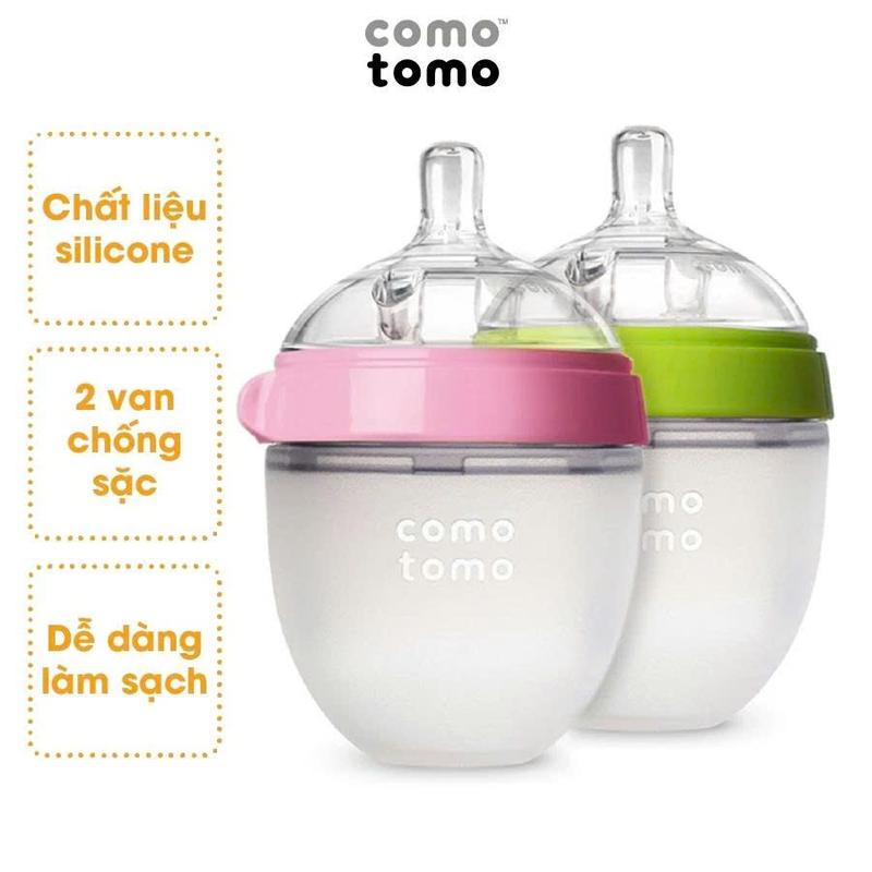 Bình sữa silicon como 150ml-250ml núm ti mô phỏng ti mẹ siêu mềm được chọn size núm màu xanh hồng dùng đựng bảo quản sữa cho bé