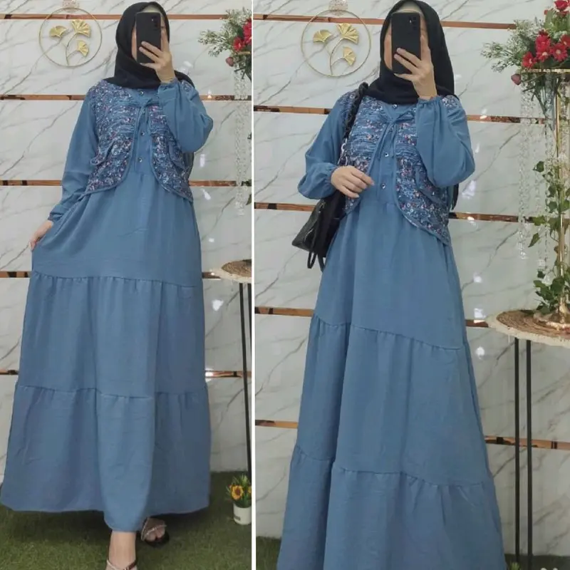 Gamis Crinkle Vest Rompi Motif Bunga (kode H) 2