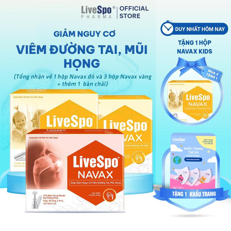 [Mua 3 tặng 2] 1 LiveSpo Navax Chuyên Dụng 2 LiveSpo Navax Kids Nước muối cho bé sơ sinh chứa Bào Tử Lợi Khuẩn + Tặng 1 Navax Kids + 1 khẩu trang trẻ em
