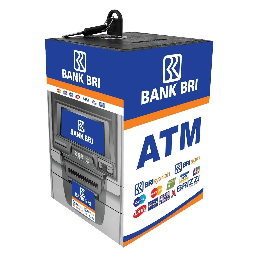 Celengan Motif ATM BRI BCA MANDIRI CIMB Jumbo Ukuran 15x15x20cm Tabungan Uang dilengkapi pelindung siku celengan  target celengan  kunci celengan  kayu