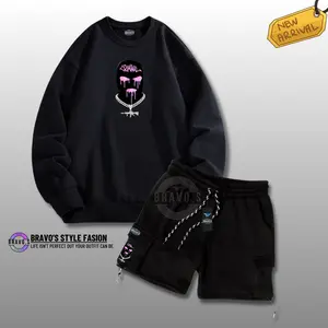 Bravo's Style Fasion Oneset Crewneck Celana Cargo Pendek Warna Hitam Motif Crimnl Topeng  Terbaru 2025 Bahan Katun Fleece Adem dan Lembut Stelan Cruneck Oversize Cargo Santai Model Korean Style Size M-L-XL-XXL