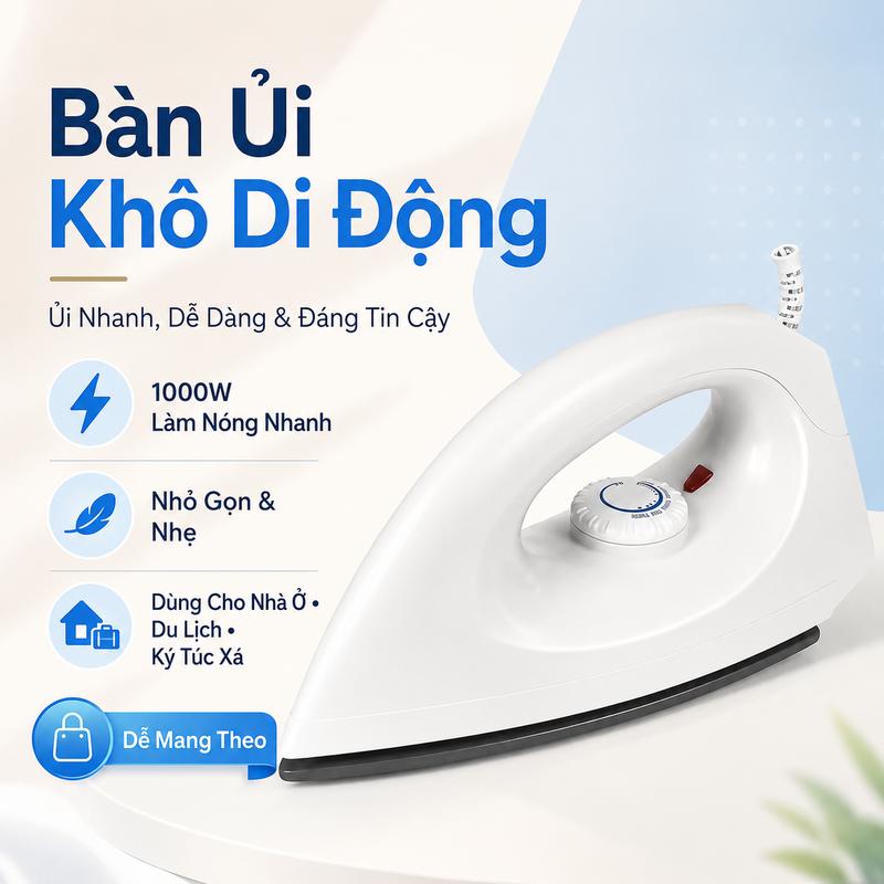 Bàn ủi điện mini 1000W xanh trắng, nóng nhanh, đế chống dính, chống quá nhiệt, nhiều chế độ ủi, làm phẳng và khử nhăn quần áo nhanh chóng