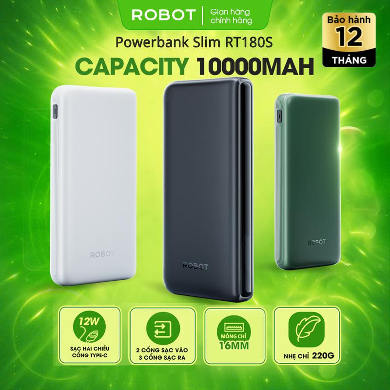 Pin sạc dự phòng ROBOT RT180S 10000mAh Sạc hai chiều 12W cổng Type-C 2 cổng sạc vào 3 cổng sạc ra
