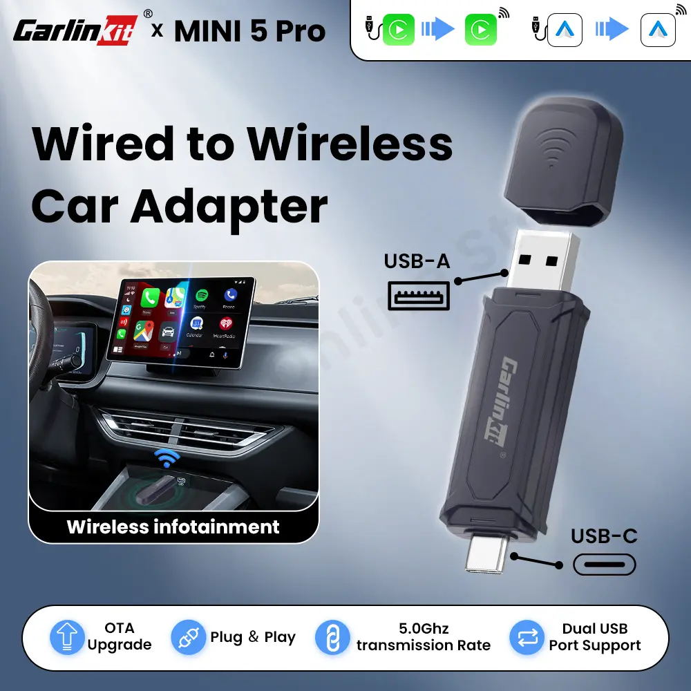 CarlinKit MINI Pro 5 2-in-1 Wireless CarPlay Wireless Android Auto Adapter for iPhone Android phone Wired to Wireless CarPlay Plug&Play Easy Setup Stable Fast Connect