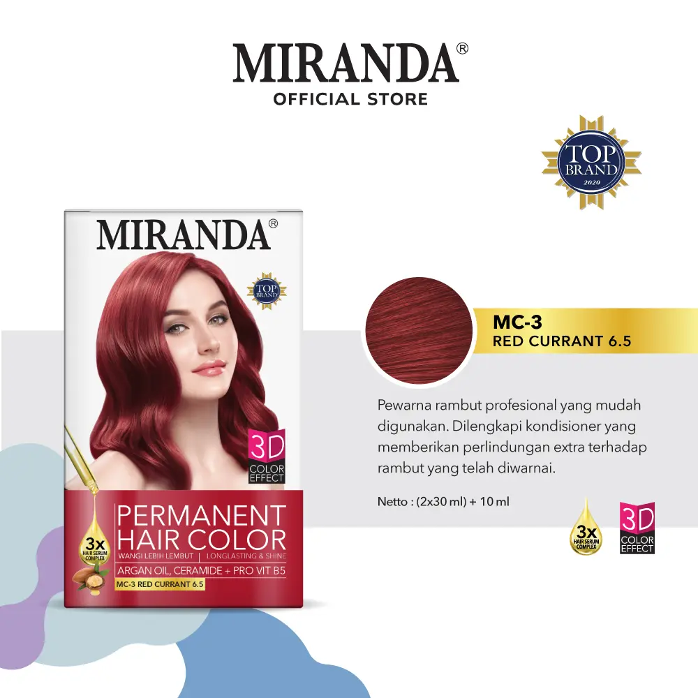 Miranda Hair Color (Cat Rambut Permanen) MC3 Red As Fire 30ml Box Merah Pewarna Dye Black Cat
