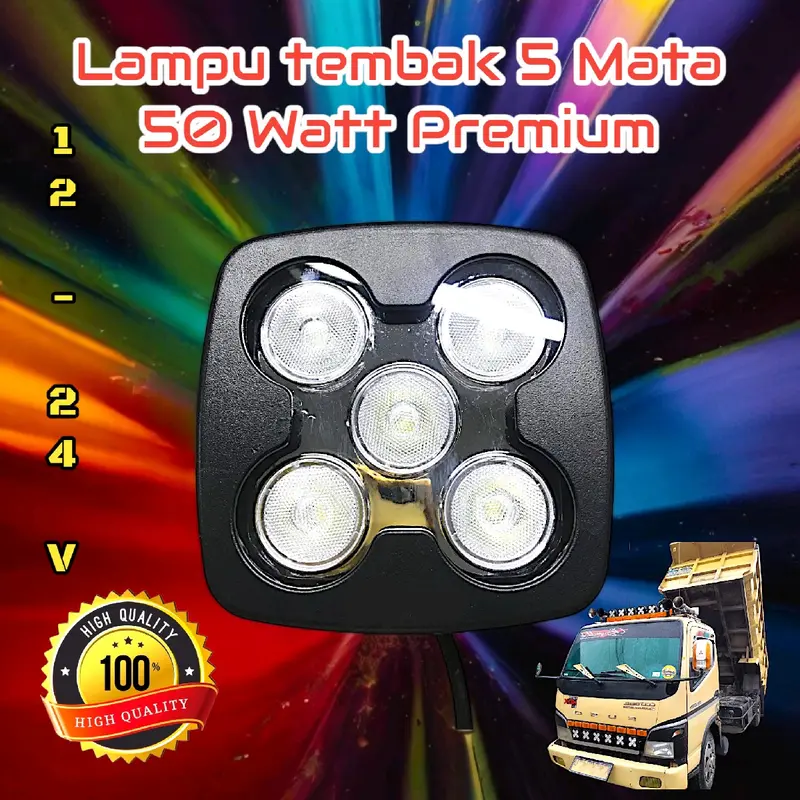 Lampu tembak 5 mata Dotrex 50 Watt. LED Grade AAA High Quality. Bisa dipakai 12 & 24 Volt Nyala Terang. Tahan Air dan Body besi kokoh tebal. Car 1