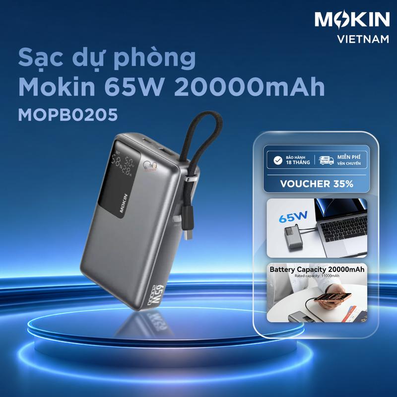 Sạc Dự Phòng Mokin 65W 20000mAh I Tích Hợp Cáp Type-C, Sạc Nhanh PD Cho Laptop, Màn Hình LCD Thông Minh I Bảo Hành