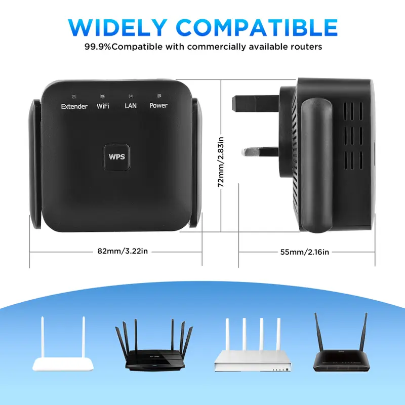 Bộ tăng cường mở rộng WiFi cho gia đình, Bộ tăng cường WiFi 1200Mbps 5GHz & 2.4GHz để mở rộng phạm vi kết nối Internet WiFi, Hỗ trợ bộ lặp / AP / Bộ định tuyến / Chế độ với 4 ăng-ten, C001 2