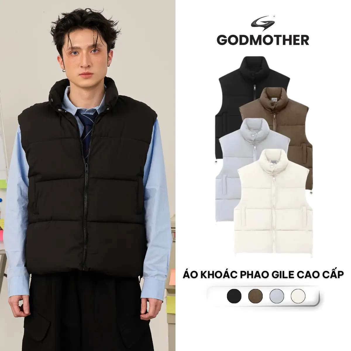 GODMOTHER Áo Phao Gile Túi Sườn Chéo Unisex Chất Liệu Gió Trần Bông Lót Lụa Phong Cách Streetwear Màu Đen Nâu Xám Trắng Size ML XL 2X