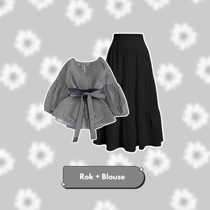 Set 3in1 OOTD Outfit Remaja Kekinian (Korean Blouse Salur Hitam, Hijab Bella Square Hitam, Rok Susun Hitam) - BS125 Cantik 2
