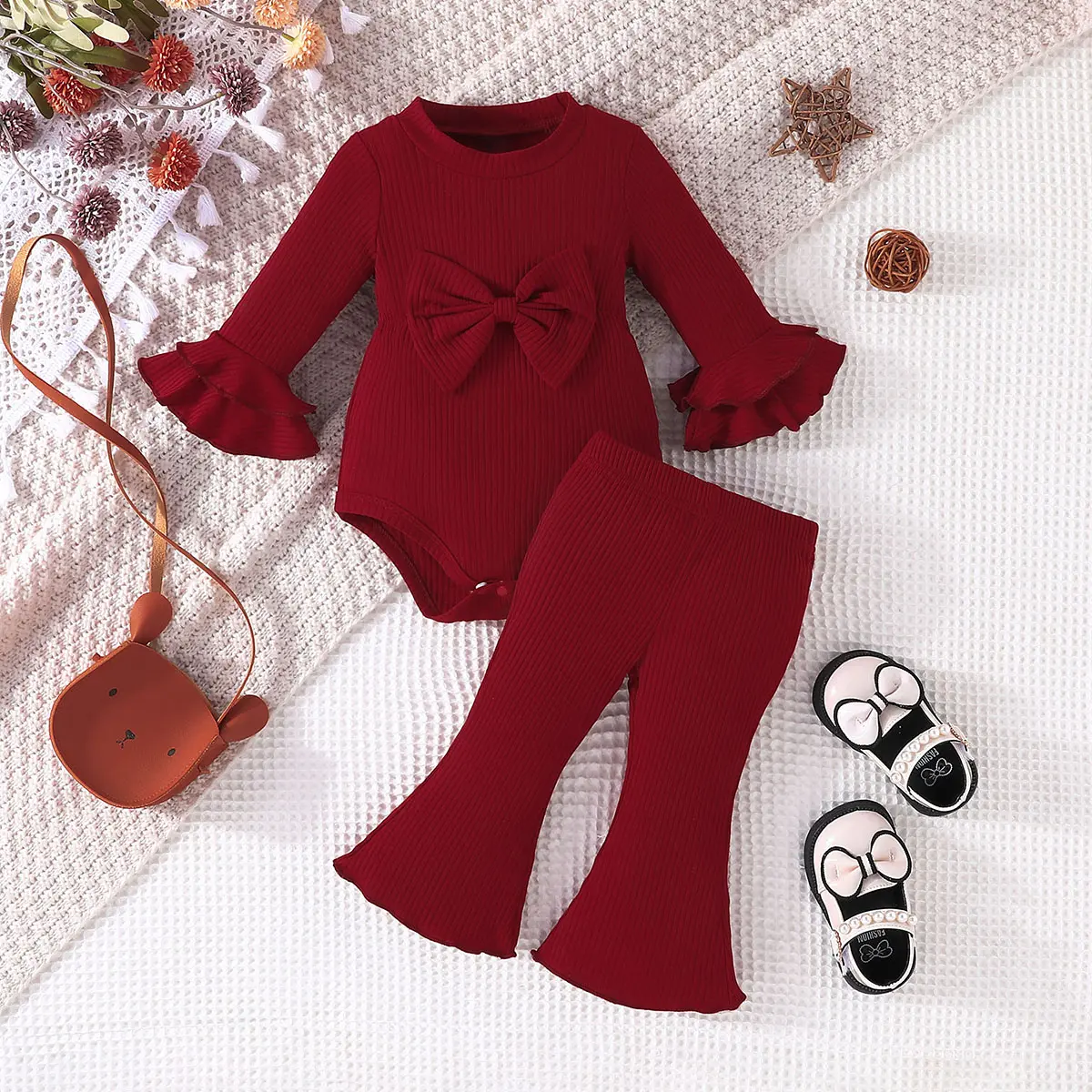 Newborn Baby Clothes Set 0-18 Months Long Sleeve Bow Ruffled Romper and boot cut Pant Christening Outfit Toddler Infant Fashion Clothing Suit For Kids Girl