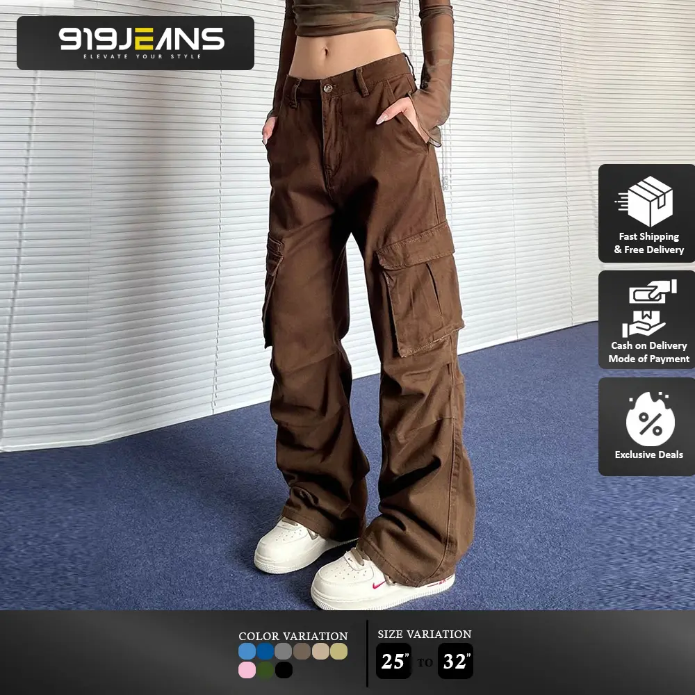 919 JEANS High Waist Flap Pocket Cargo Pants Jeans Korean Wide Leg Soft Denim Cargo Pants for Women Fashion Womenswear