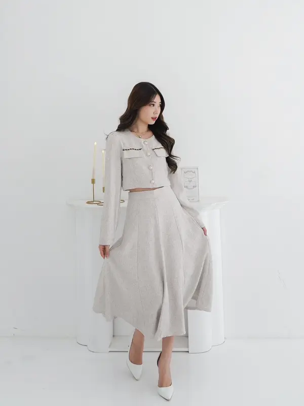 DOHEE TWEED ONE SET PREMIUM | SETELAN WANITA KOREAN STYLE LONGSLEEVE TOP AND MIDI SKIRT - OS381 5