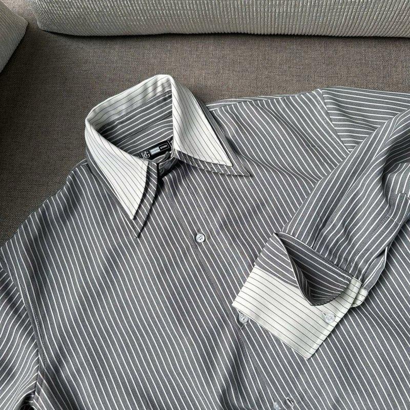 [BẢN V2] Áo sơ mi nam kẻ sọc lá cổ kép 2 cổ form rộng cổ trắng trên cổ xanh dưới chất liệu cotton lụa hàng thiết kế HUGAN HG14