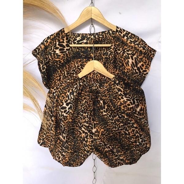 ￼SET PENDEK Baby doll allsize motif leopard macan dan bunga Baju Celana Dewasa Wanita Setelan 3