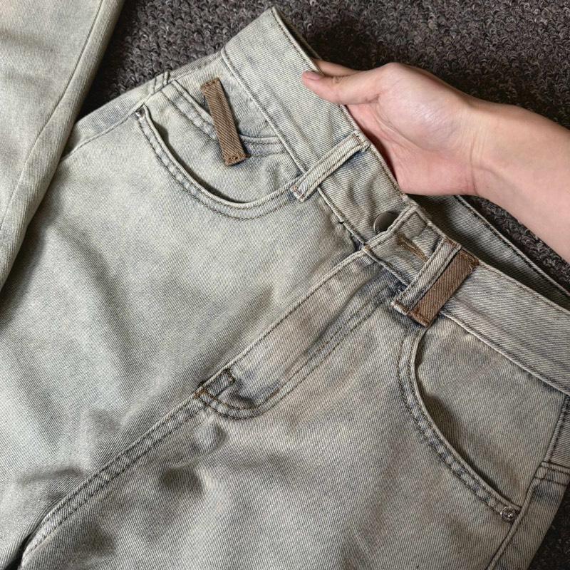 Quần Jeans nữ Ống suông vải Qc phối 2 đĩa nâu Q1666