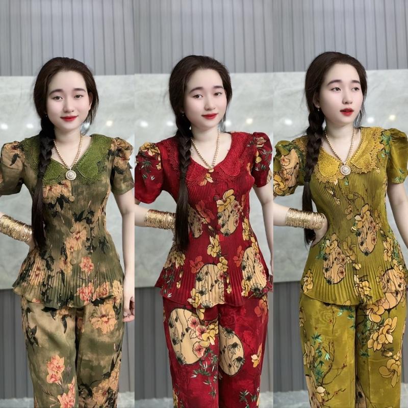 [ QUẦN DÀI ] Đồ bộ dập ly trung niên cổ ren quần dài ống nhỏ vừa vải mềm mịn mát , trang phục cho phái nữ