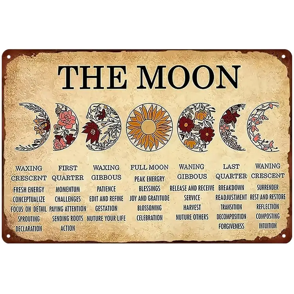 Moon Phase Meaning Graphic Metal Tin Sign, Vintage Style Wall Art, Home Decor Ideas UK, Wall Decor For Home Living Room Bedroom, Flowers