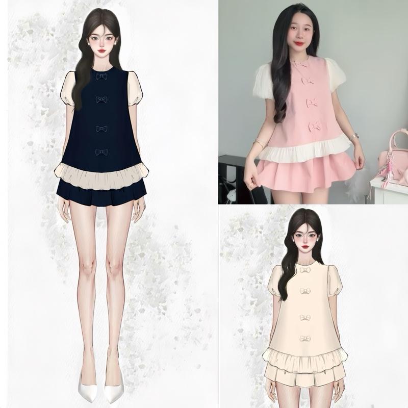   CÓ TÁCH SET  Set áo sơ mi tay phồng dáng ngắn kèm chân váy xoè có quần bảo hộ dilyshop - S126 