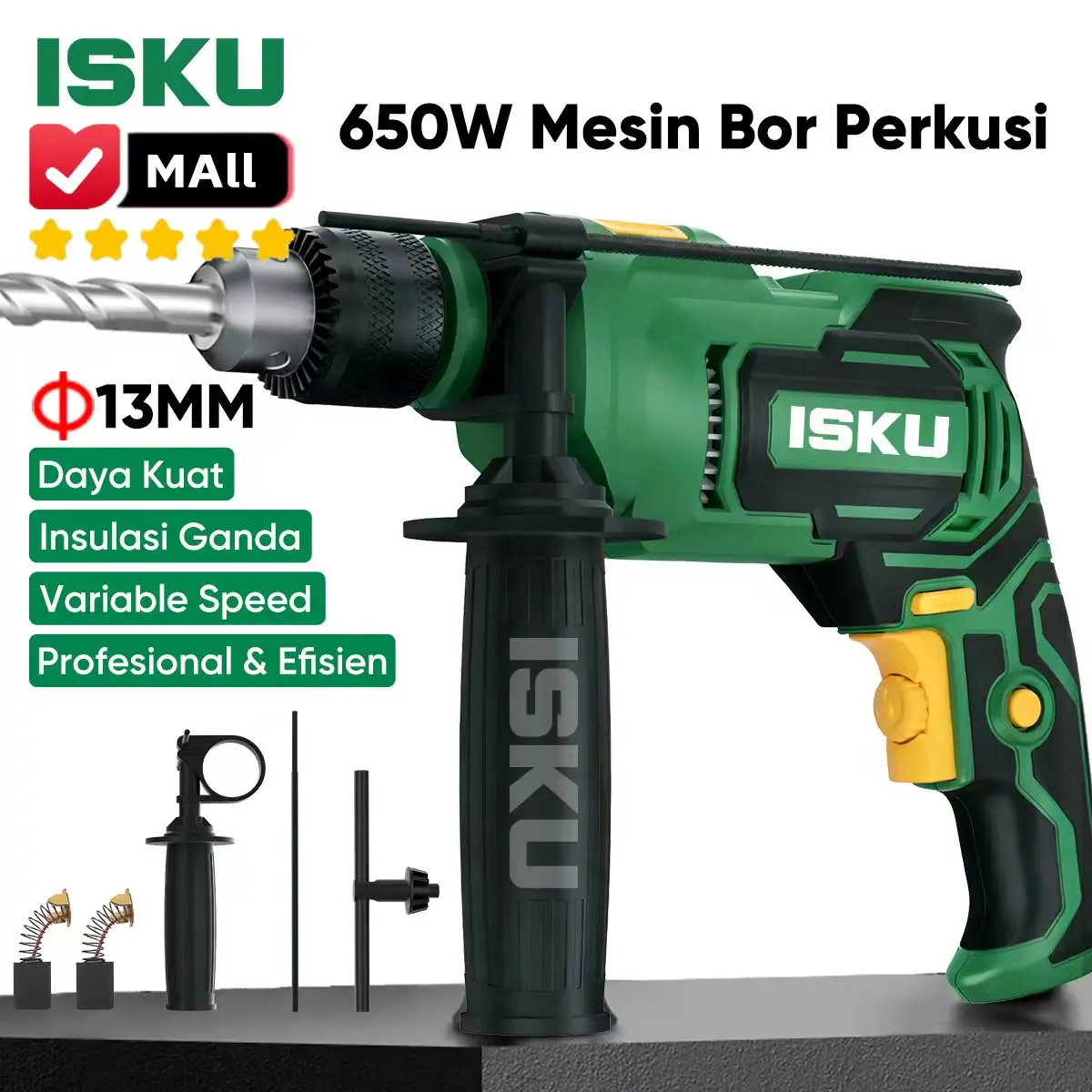 ISKU Mesin Bor Listrik Tangan 13mm Impact Drill Bor Tembok Beton Kayu Besi 650W Electric Hand Drill Bolak Balik Reversible Variable Speed Tembaga Murni Heavy Duty Alat Perkakas Tukang Bangunan Bor Bobok Set Komplit Original Garansi Resmi