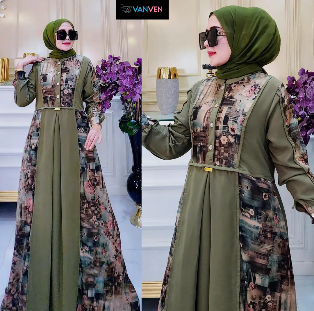VANVEN - Gamis Wanita Dewasa Motif Bunga Etnik Remaja Kekinian Gamis Lebaran 2025 Mewah Elegan Muslim Dress
