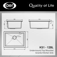 Gambar AER Bundling Kitchen Sink Bak Cuci Piring Dapur Granite 1 Bowl Topmount Undermount Flushmount Granit Granite Tech Top Under Flush Mount Kitchen Sink Black Granit KS1-12BL + Keran Dingin Kuningan Hitam V 5P BL dari AER Sanitary Indonesia Kota Surabaya 3 Tokopedia