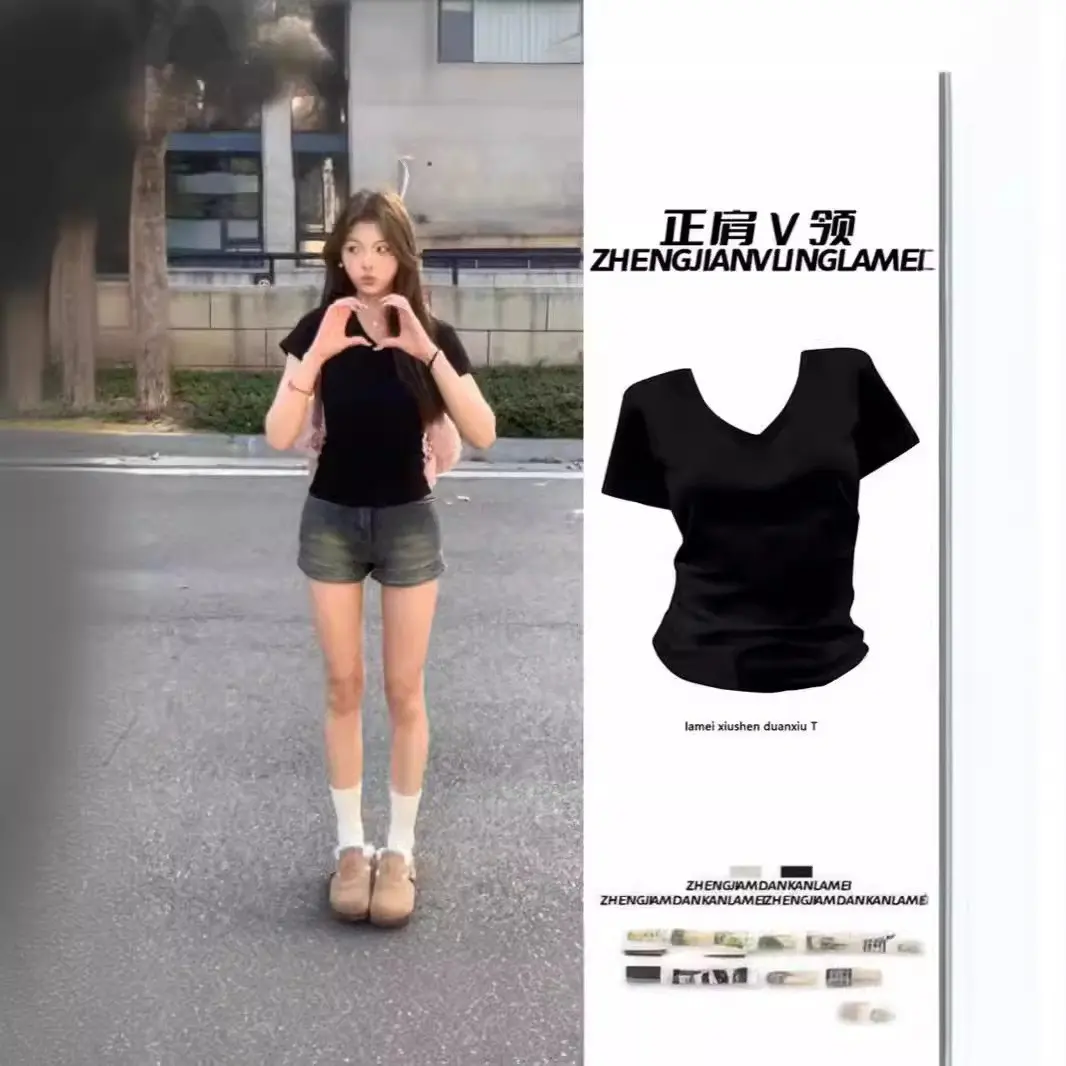 Summer Korean Fashion Y2K T-shirt Woman Sexy V-neck Japanese Tee Shirt Femme Slim Skinny Tshirt Women Cothes Kop Tops