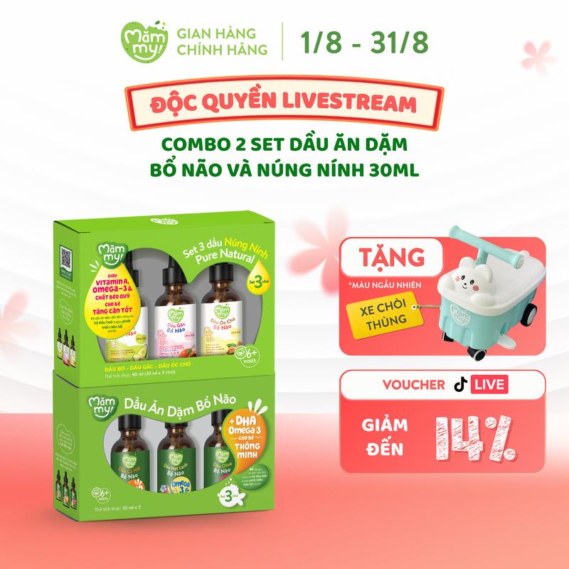 Combo 2 Set 3 Dầu Ăn Dặm MĂMMY (Cá Hồi, Hạt Lanh, Olive, Óc Chó, Bơ, Gấc) Bổ Sung DHA, Omega Giúp Cho Bé Từ 6 Tháng Phát Triển Trí Não, Chai 30ml [CT]