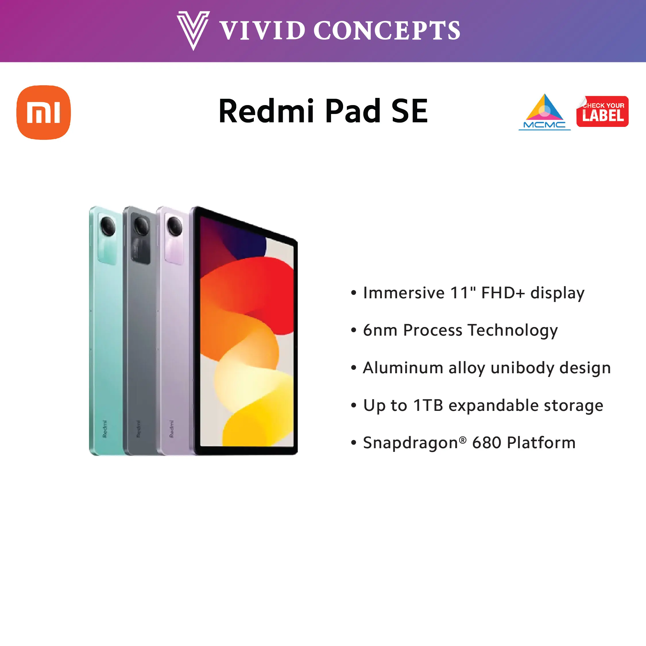 [MY Set] Redmi Pad SE (8GB+256GB) Wifi | Snapdragon® 680 | 8000mAh Battery | Dolby Atmos® Quad Speaker - Original Xiaomi Malaysia Warranty Tablet Mic