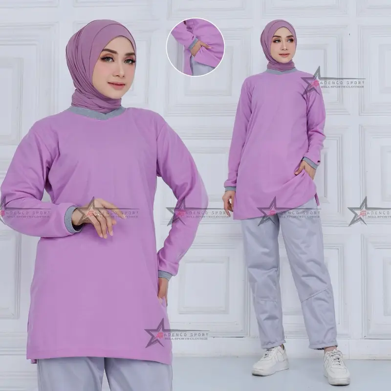 Setelan Baju Olahraga Senam Wanita Model Tunik Muslimah Bahan Lakos / Setelan Olahraga Wanita Muslimah Polos Celana Panjang Sport Atasan 5
