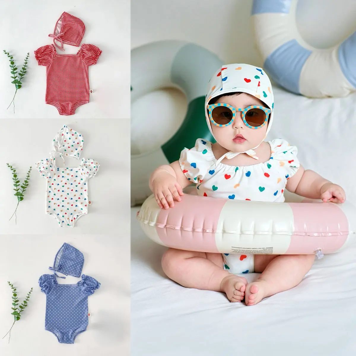 0-3 Year Old Summer New Baby Girl Love Grid Dot Printed one-piece swimsuit+swim cap