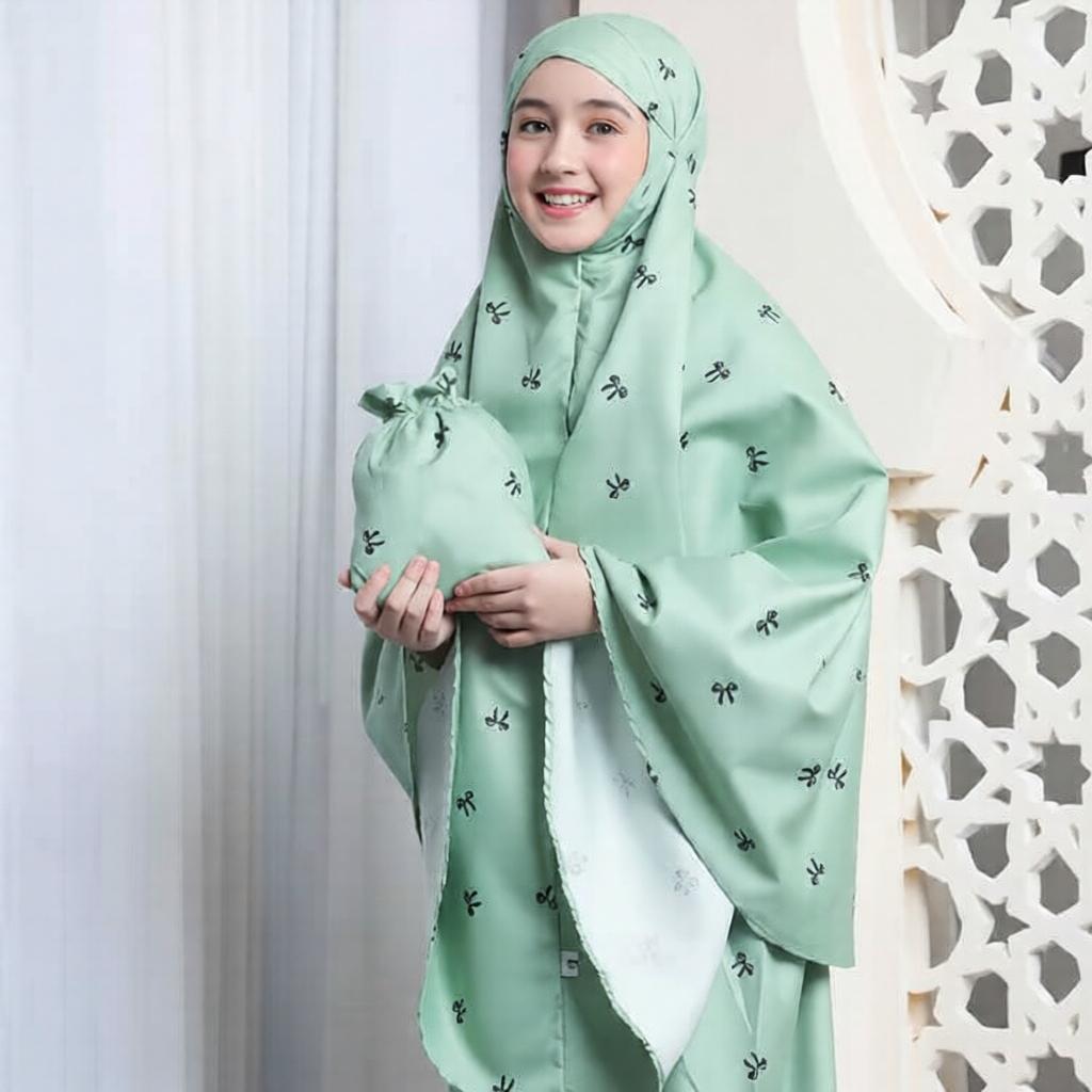 Mukena Anak Motif Pita Usia 5 6 7 8 9 10 11 12 tahun tas Traveling (PAUD TK SD)