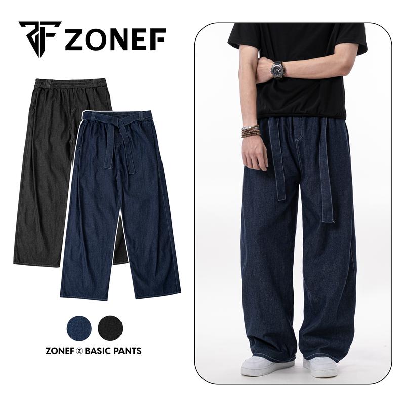 Quần Denim Form Rộng Cạp Chun Xếp Ly Kèm Đai Lưng By Zonef, Quần Jean Cotton Ống Rộng Nam Nữ Unisex Style Trẻ Trung, Cá Tính