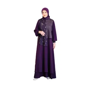 Ninos Design Ziella Dress KS G YR 0369 Plum Motif Bunga Etnik & Abstrak Kancing Manset Wudhu Friendly Pita Penyesuaian Tubuh Gamis Muslim Wanita Mewah