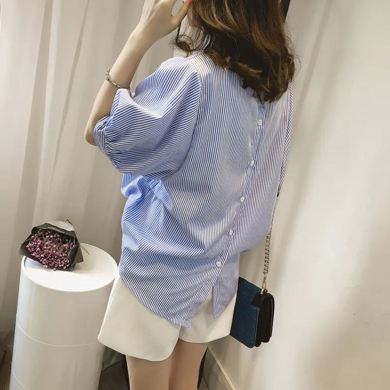 M-4XL Korean Style Large Size Striped Shirt Women Casual Bat Sleeve Casual Stand Collar Blouse Top