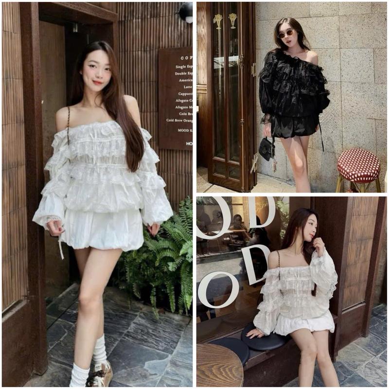  Sét Bộ Áo Tiểu Thư Trễ Vai Dài Tay Mix Bèo Ren Dây Bo Gấu Kèm Chân VÁy DÁng Bí Bồng Dễ Thương 