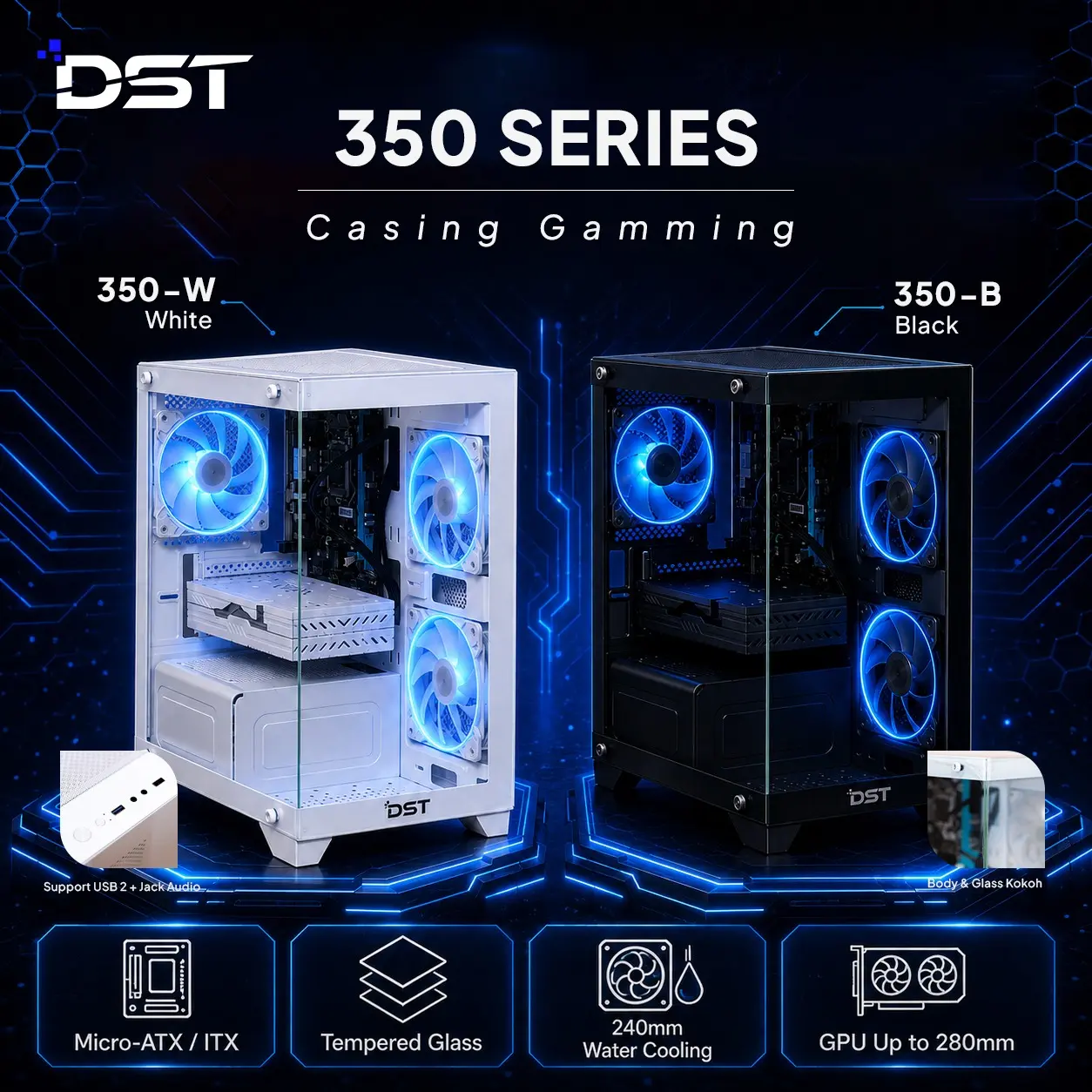 Casing PC Gaming DST 350 Series Micro ATX ITX Tempered Glass Water Cooling 240mm