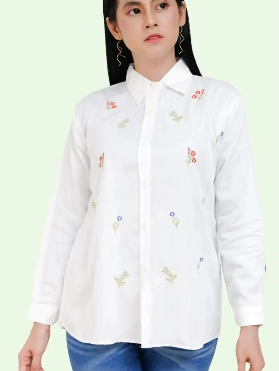 Kemeja Wanita Muslim Bunga Bordir Rayon Twill Tangan Panjang - Baju, Casual