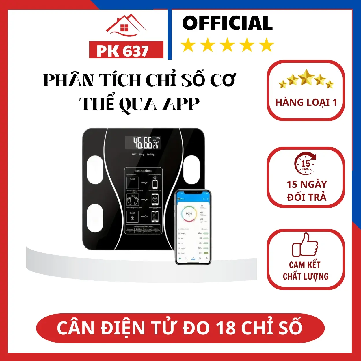 [ ĐỘC QUYỀN VINHBANHBO ] Cân sức khoẻ - điện tử kết nối bluetooth thông minh đo lượng mỡ cơ thể - tải trọng 180kg
