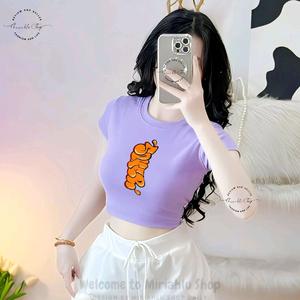 Áo Thun Croptop Basic Form Ôm Body Nữ Cổ Tròn Tay Ngắn In Hình Hè 2025, Kích Cở S M L, Women Sò Sen Hoa Sen Dáng Ngắn Thun