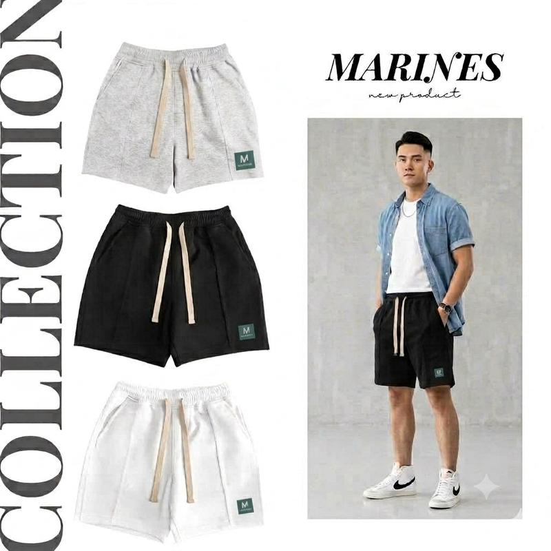 Quần Short Nam MARINES - Chất Nỉ 2 Da, Dáng Trên Gối, Không Bai Xù,phong cách HÀN QUỐC