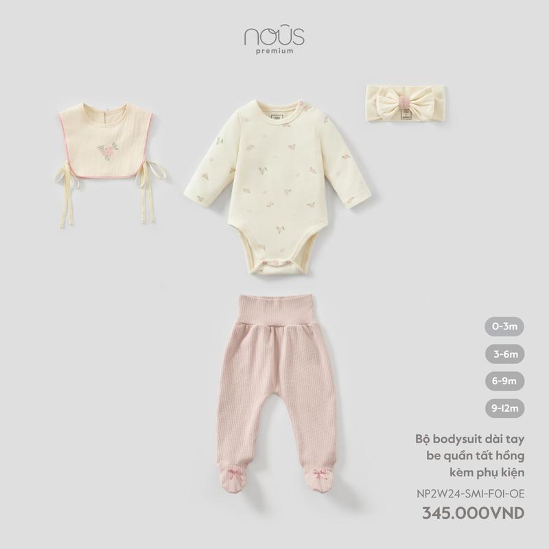 [KOL Nous Baby] S12 Set bodysuit dài tay kèm quần phối phụ kiện yếm và băng đô màu be hồng cho bé gái đến 1 tuổi (3-10kg) BST T8